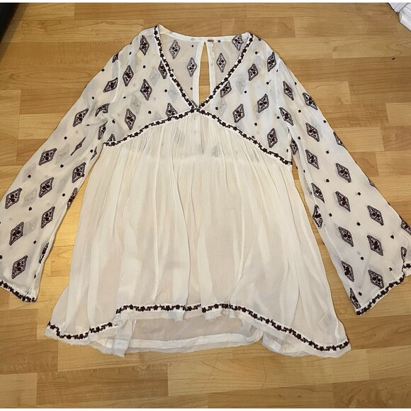 Free People Diamond Embroidered Peasant Long Sleeve Tunic Dress Top Size Medium - Picture 8 of 12